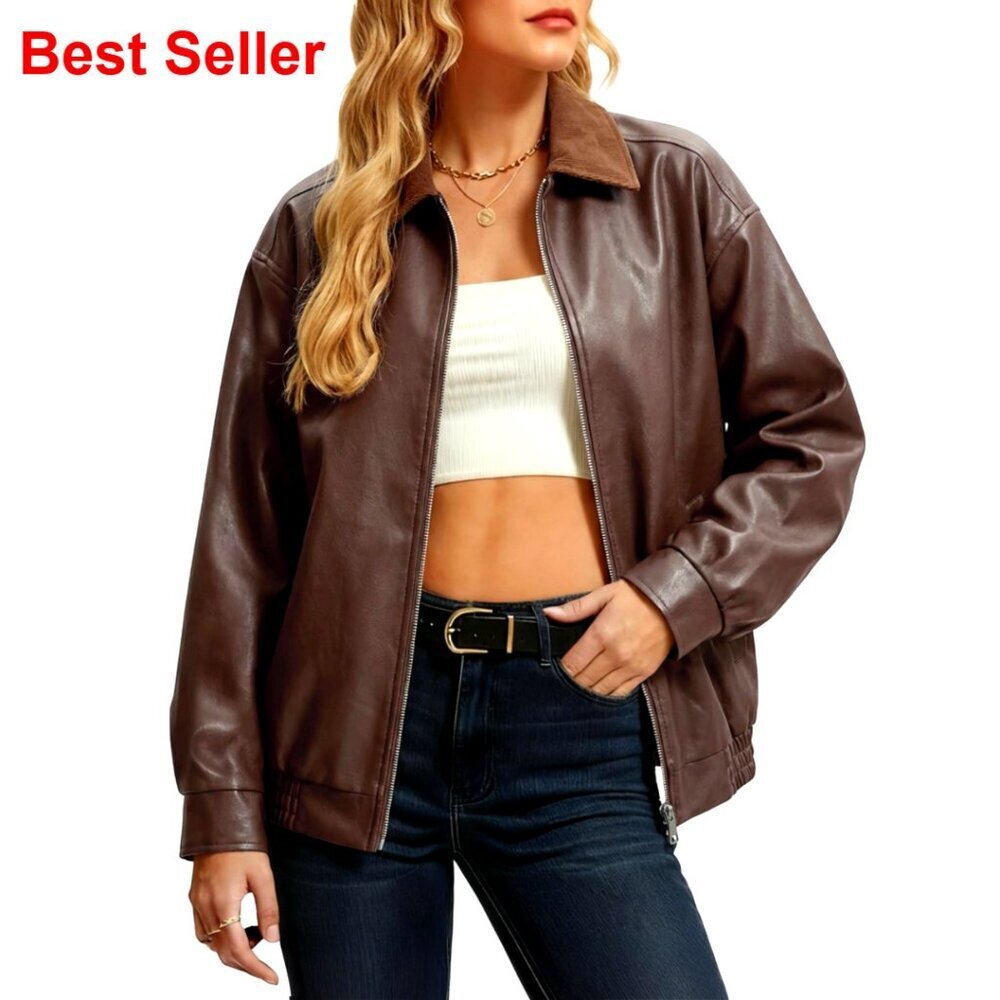 Faux Leather Oversized Bomber Jacket Motorcycle Zip Up